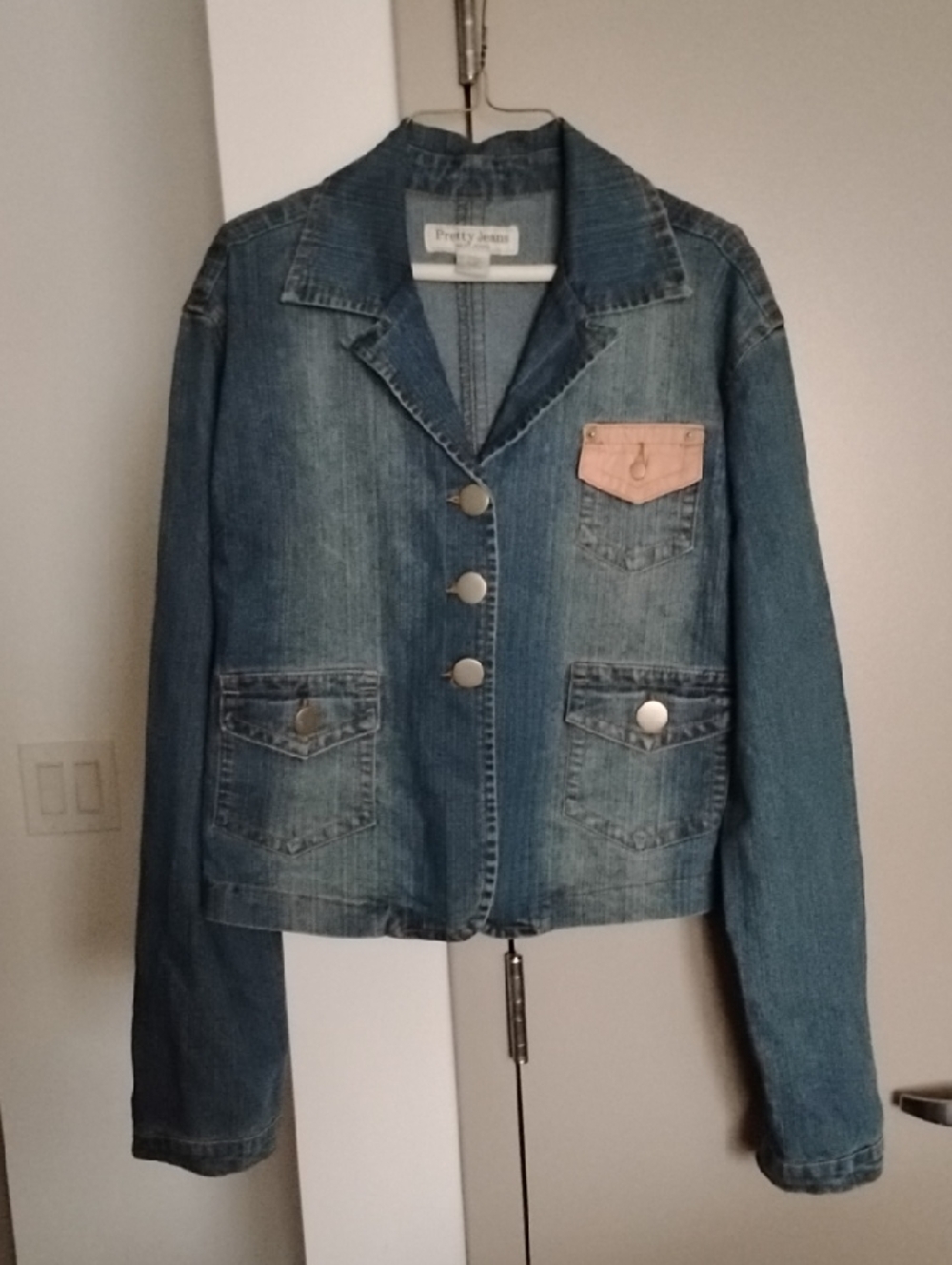 Women's Blue Denim Jacket with Pink Pocket Accent